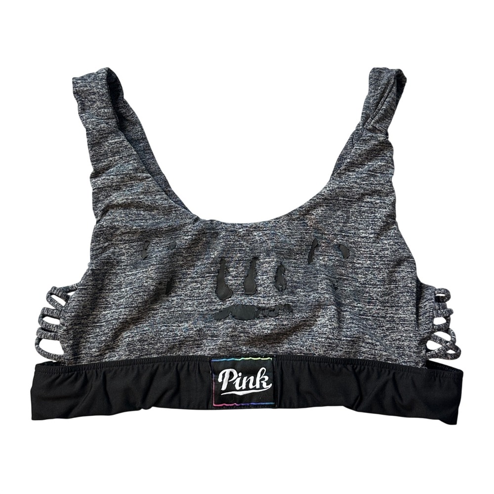 PINK‎ Sports Bra Womens Large Grey Ultimate Unlined Space Dye Strappy Lattice